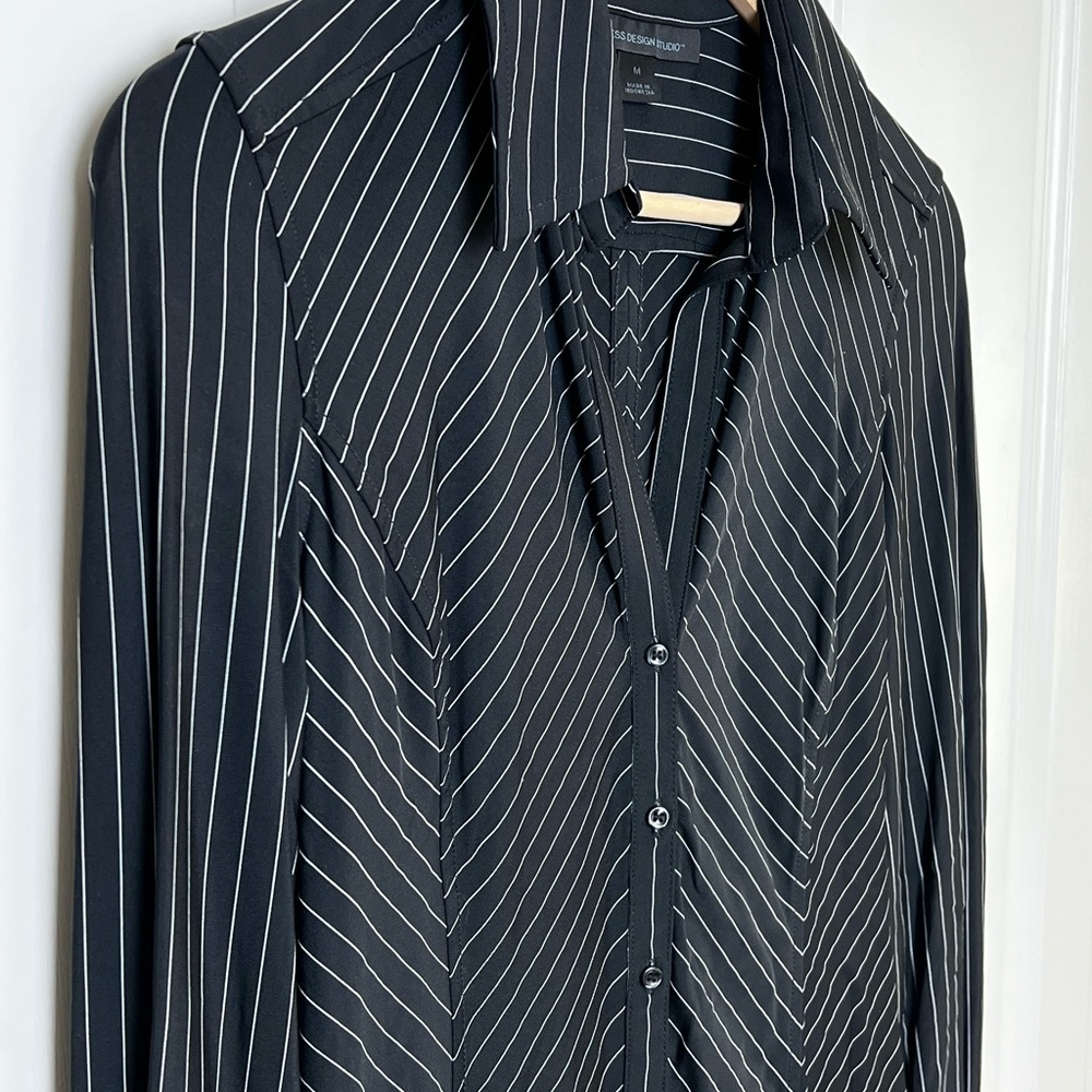 Express Tops | Express Design Studio Black with White Pinstripe V-Neck, Medium - Picture 3 of 7
